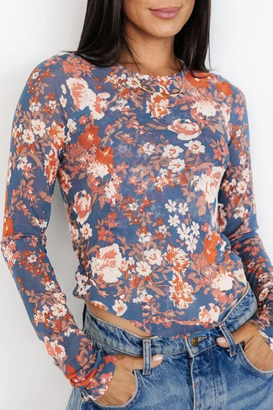 Orchid Petal Floral Print Mesh Fitted Long Sleeve Top sold by Beagle Boutique