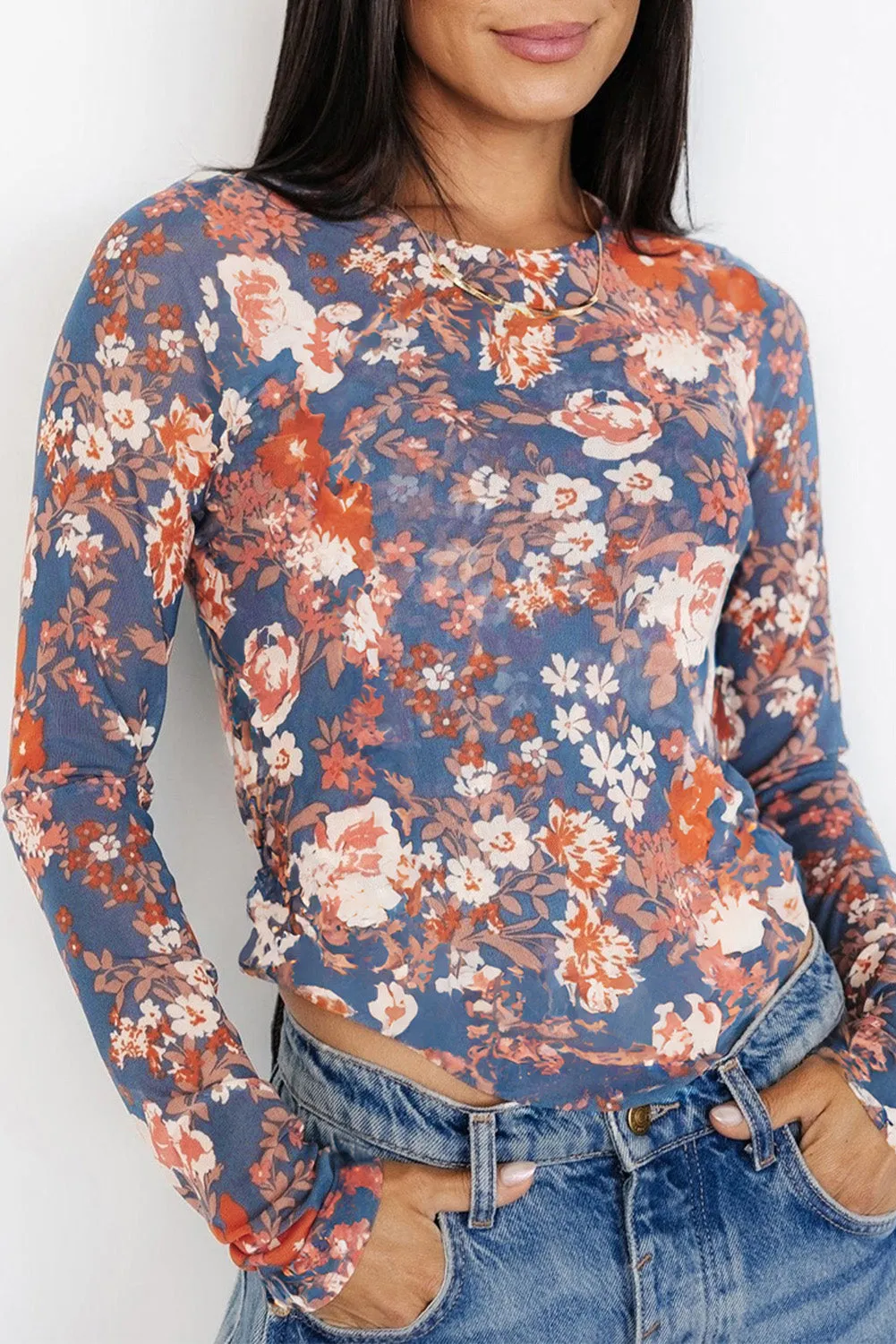 Orchid Petal Floral Print Mesh Fitted Long Sleeve Top sold by Beagle Boutique