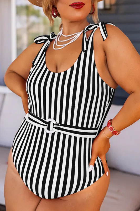 Black Stripe Plus Size Self Tie Straps O-Ring Waistband One Piece Swimsuit sold by Beagle Boutique