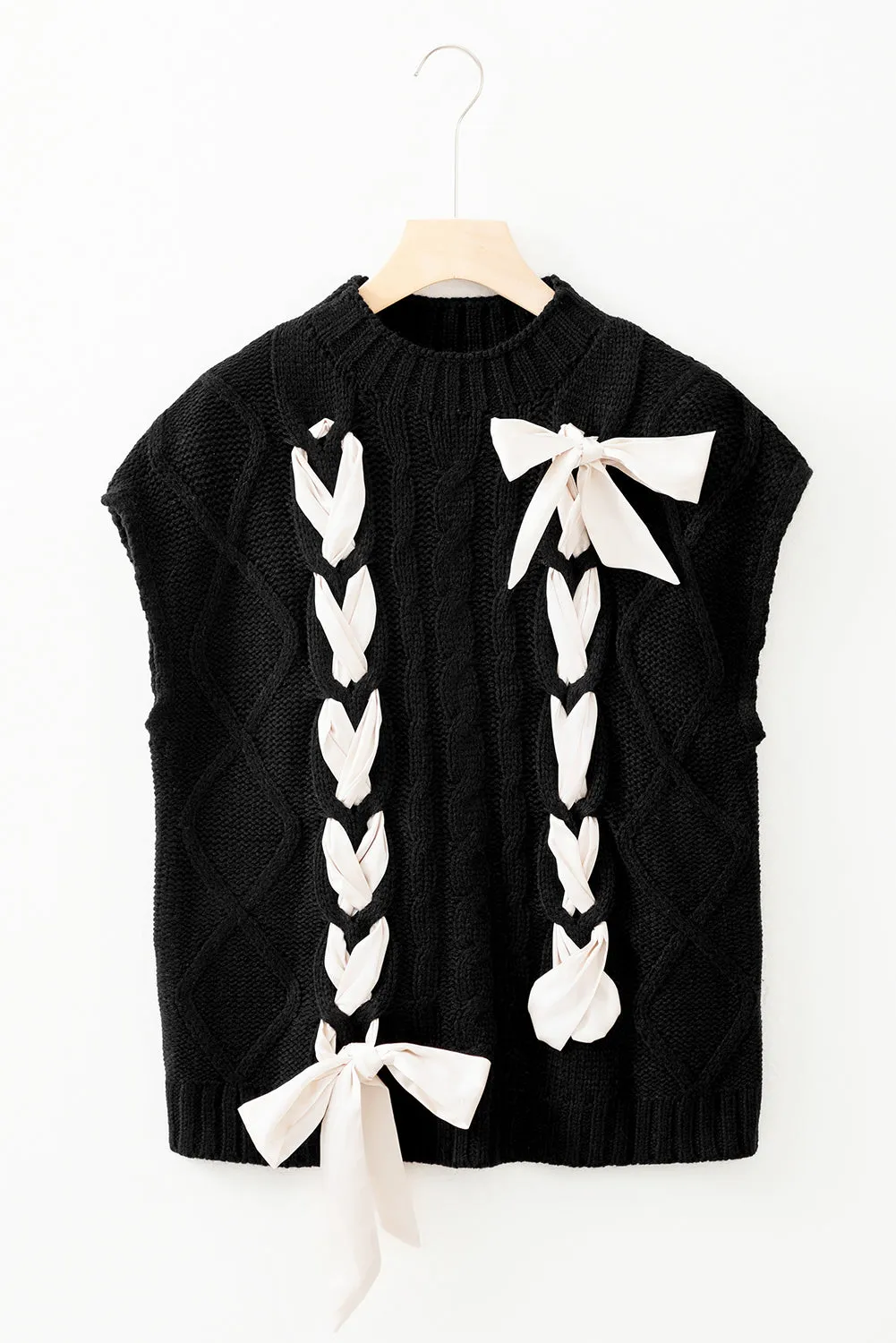 Black Cable Knit Colourblock Satin Bowknot Short Sleeve Sweater sold by Beagle Boutique product image thumbnail 4