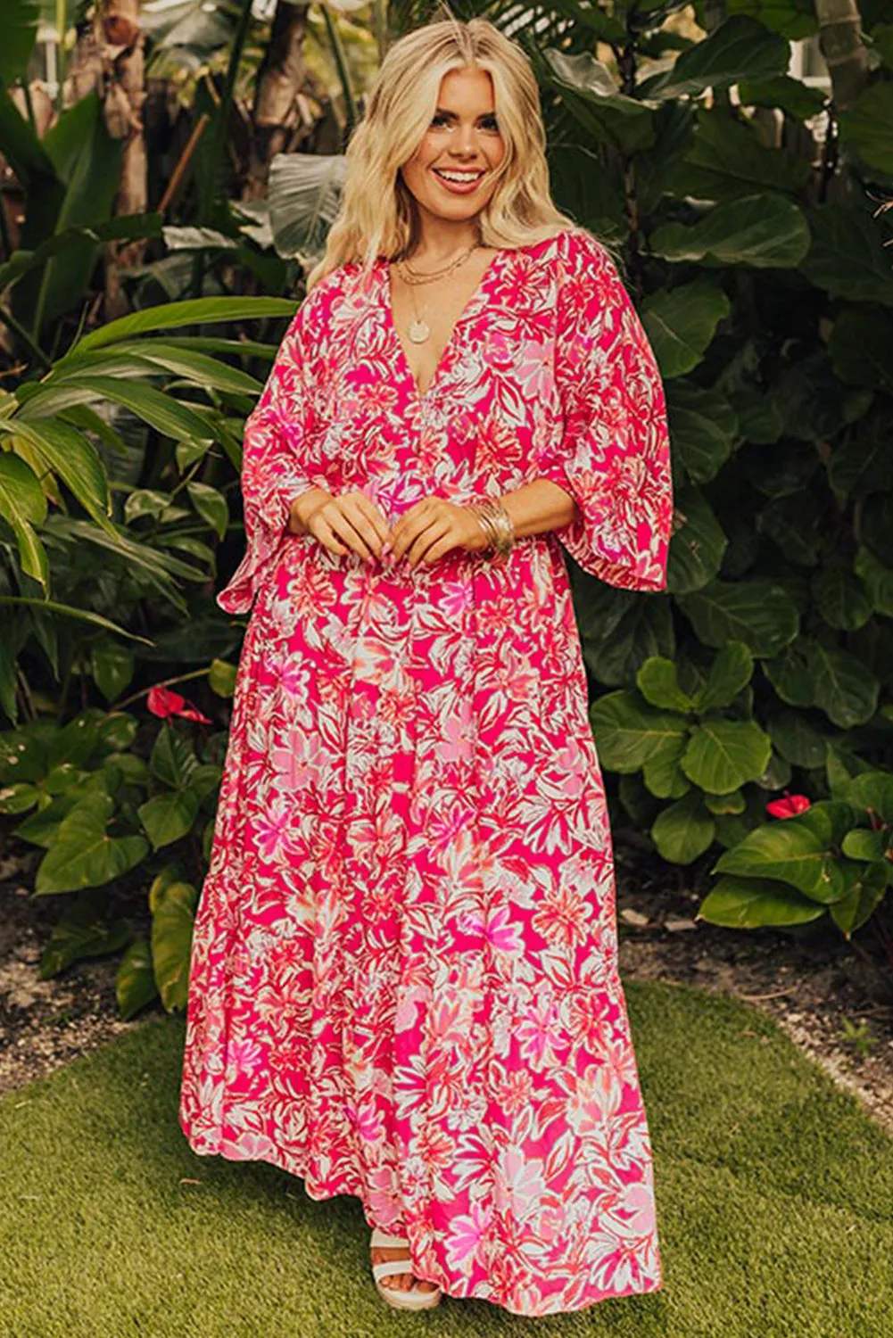 Rose Plus Size Floral V Neck Wide Sleeve Maxi Dress sold by Beagle Boutique