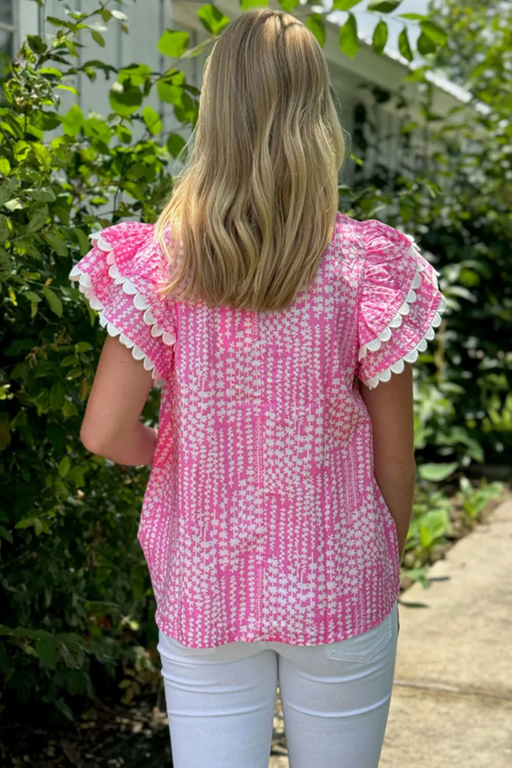 Pink Abstract Print Ric Rac Trim Flutter Sleeve Notch V Neck Blouse sold by Beagle Boutique product image thumbnail 2