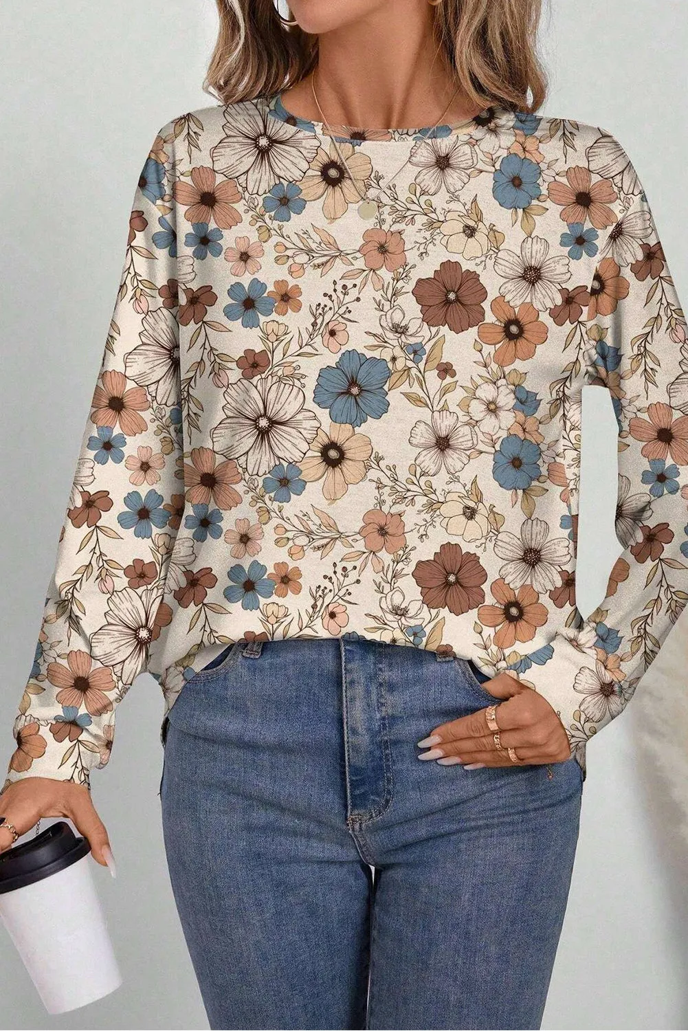 Khaki Floral Print Loose Crew Neck Long Sleeve T Shirt sold by Beagle Boutique product image thumbnail 4