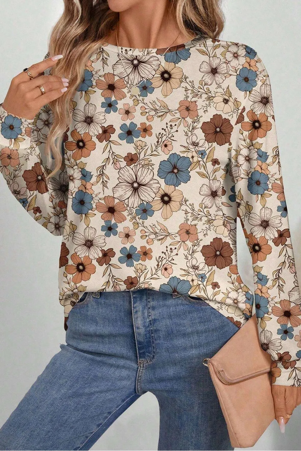Khaki Floral Print Loose Crew Neck Long Sleeve T Shirt sold by Beagle Boutique