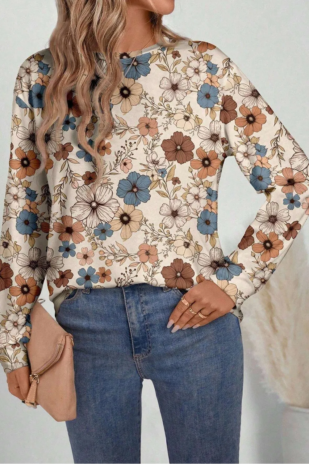 Khaki Floral Print Loose Crew Neck Long Sleeve T Shirt sold by Beagle Boutique product image thumbnail 5