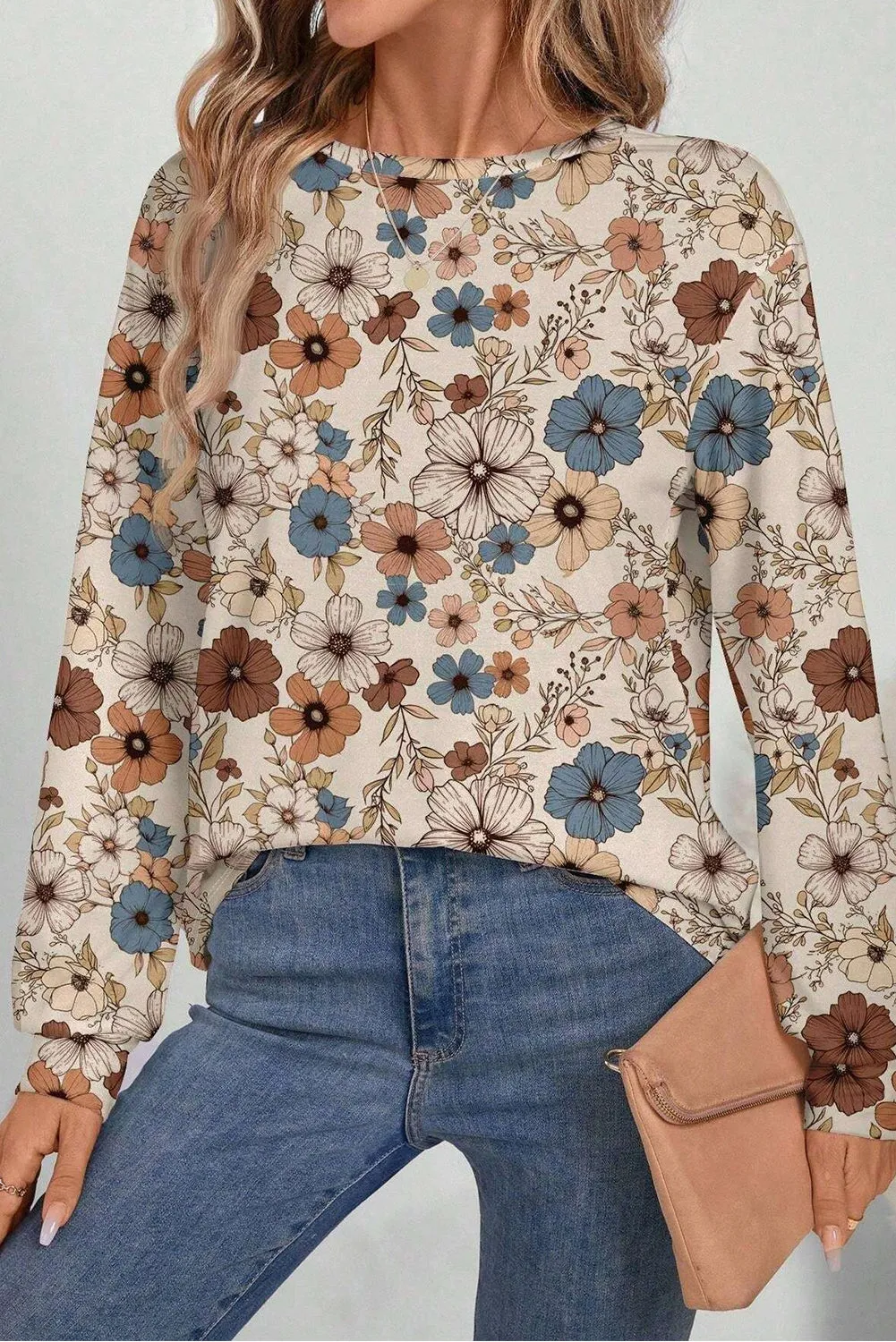 Khaki Floral Print Loose Crew Neck Long Sleeve T Shirt sold by Beagle Boutique product image thumbnail 3