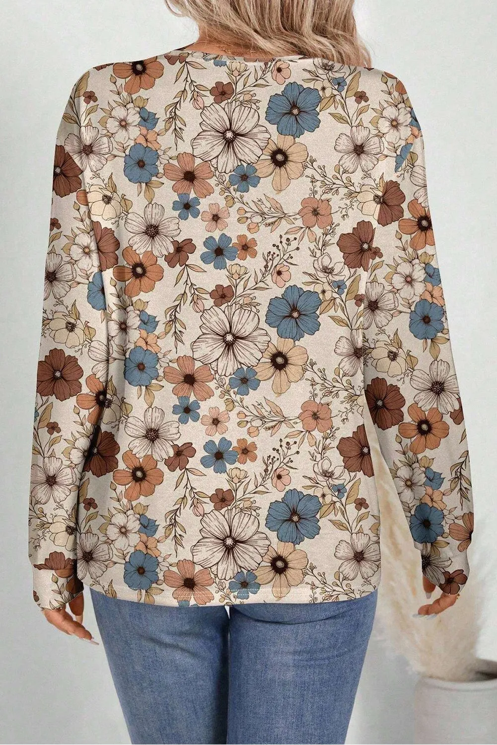 Khaki Floral Print Loose Crew Neck Long Sleeve T Shirt sold by Beagle Boutique product image thumbnail 2