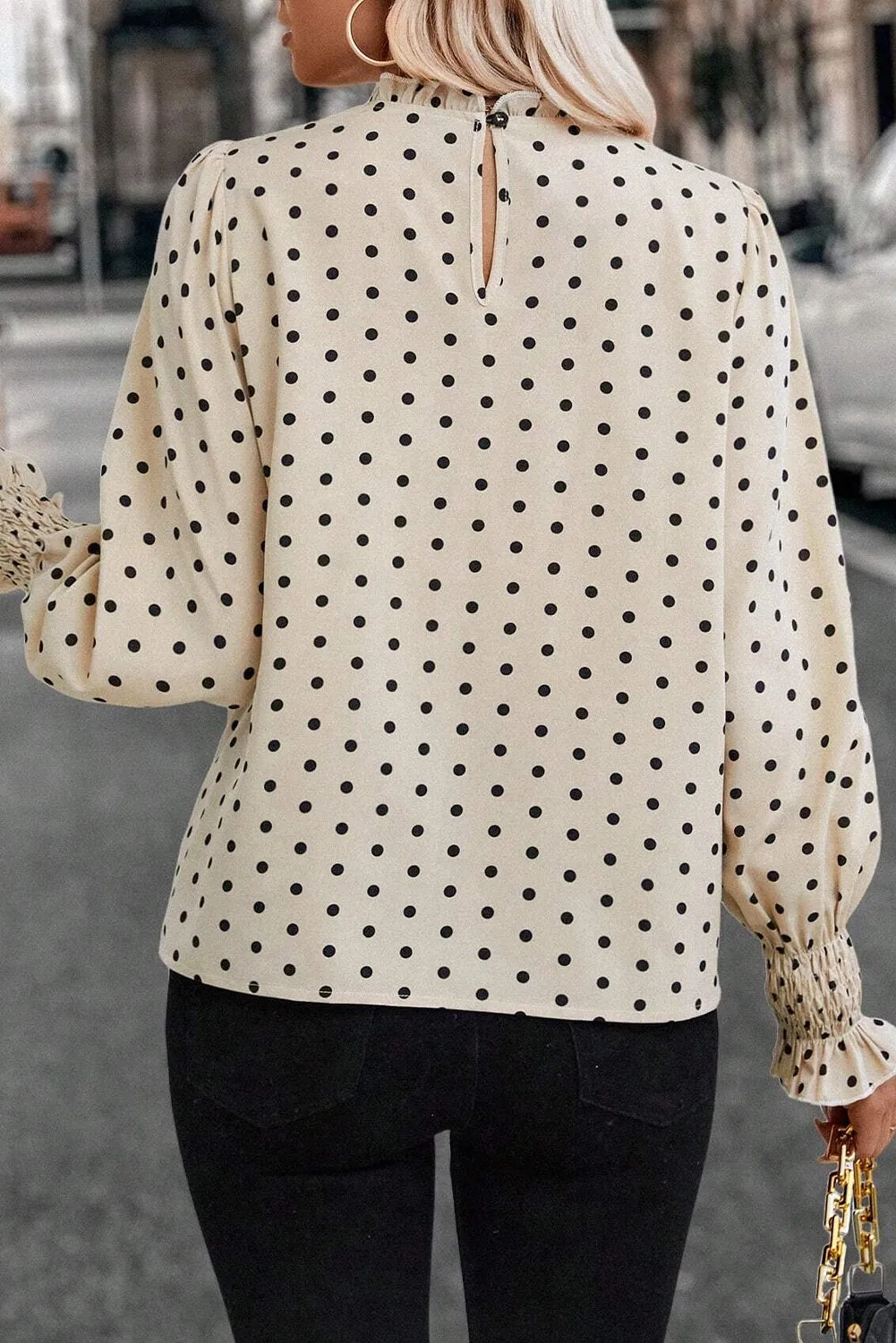 Beige Polka Dot Print Frilled Collar Lantern Sleeve Blouse sold by Beagle Boutique product image thumbnail 2