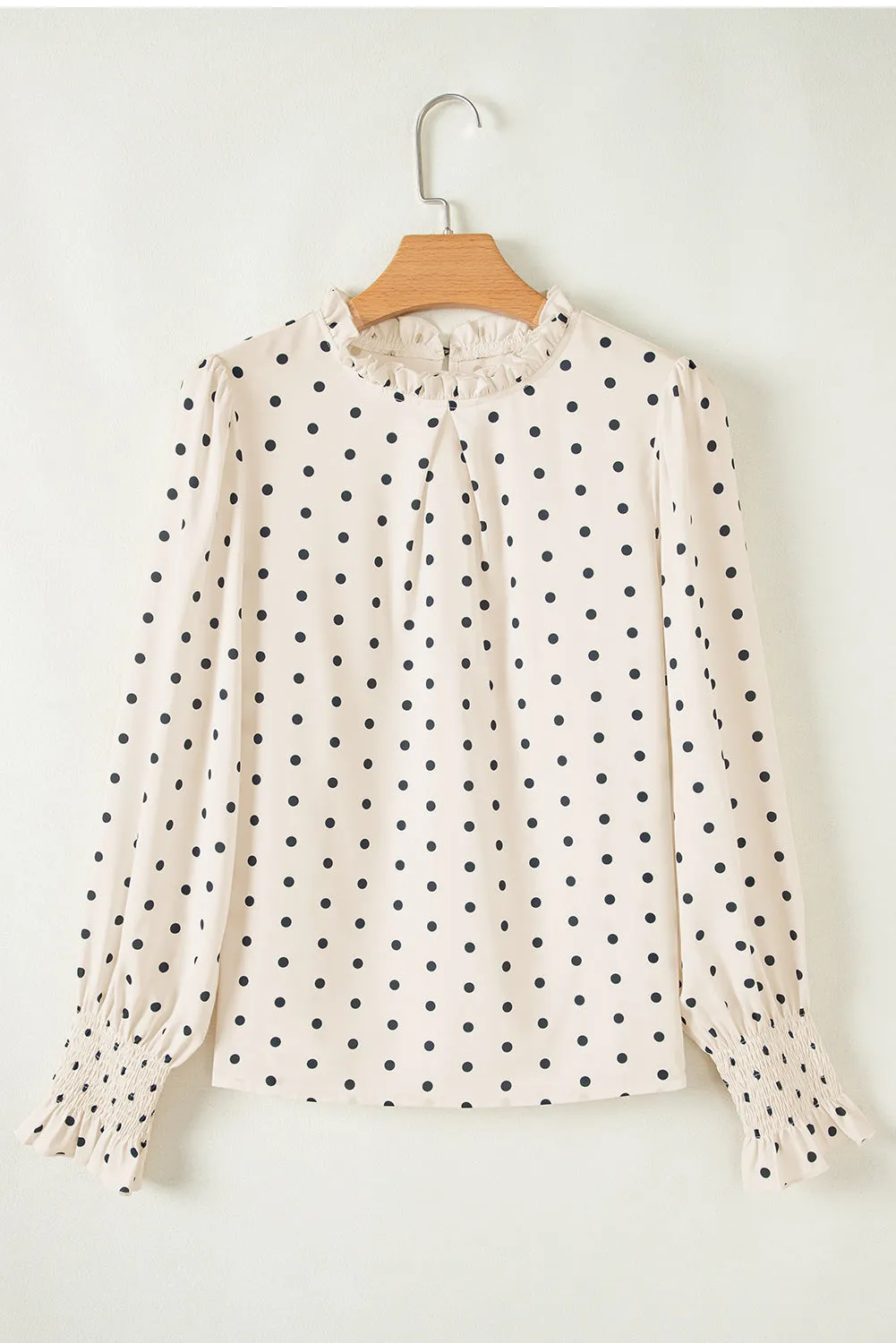 Beige Polka Dot Print Frilled Collar Lantern Sleeve Blouse sold by Beagle Boutique product image thumbnail 4