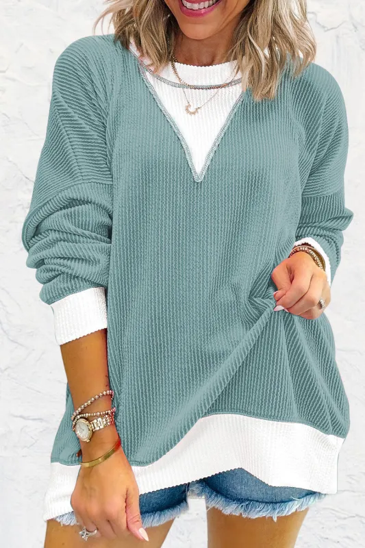 Light Blue Corded Colorblock Drop Shoulder Loose Top sold by Beagle Boutique