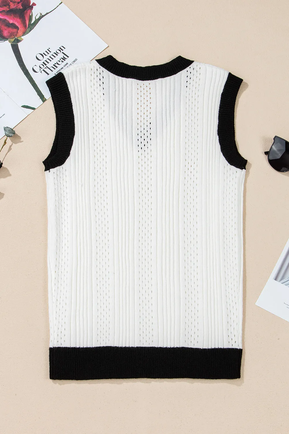 White Contrast Trim Eyelet Knit Colourblock V Neck Sweater Vest sold by Beagle Boutique product image thumbnail 5