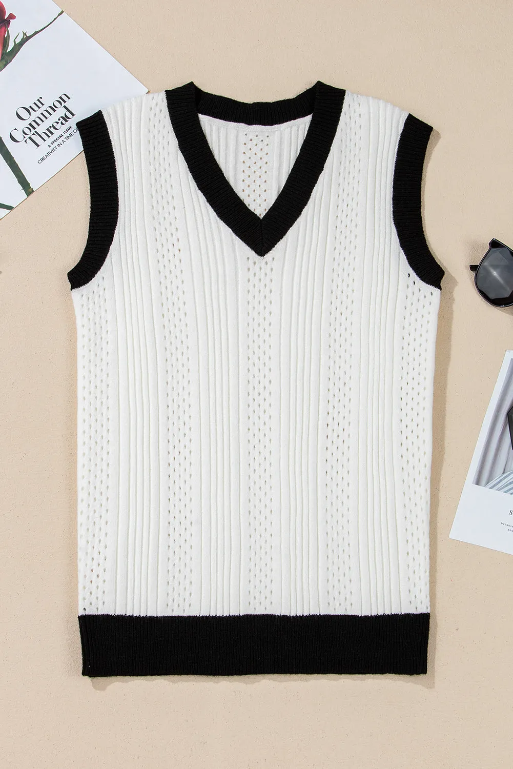 White Contrast Trim Eyelet Knit Colourblock V Neck Sweater Vest sold by Beagle Boutique product image thumbnail 4