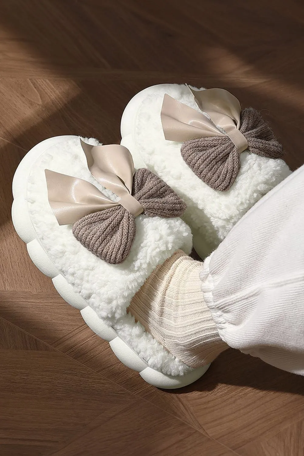 White Contrast Bowknot Applique Plush Winter Slippers (Bow Colours May Differ by Batch) sold by Beagle Boutique product image thumbnail 2