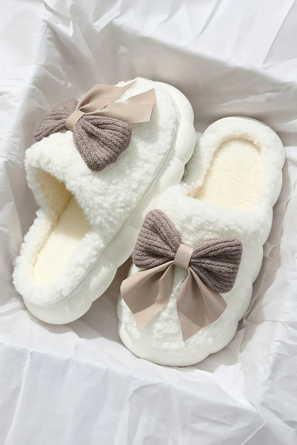 White Contrast Bowknot Applique Plush Winter Slippers (Bow Colours May Differ by Batch) sold by Beagle Boutique