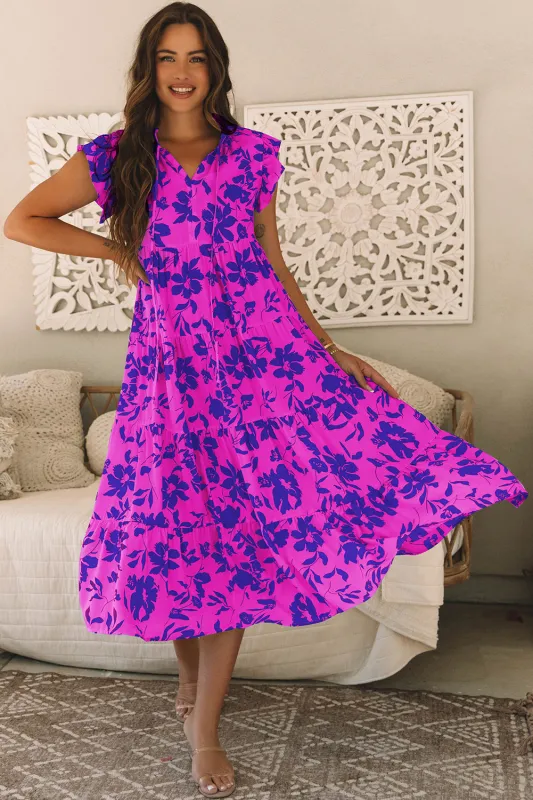 Rose Floral Print Tiered Frilled Trim Flutter Sleeve Maxi Dress sold by Beagle Boutique