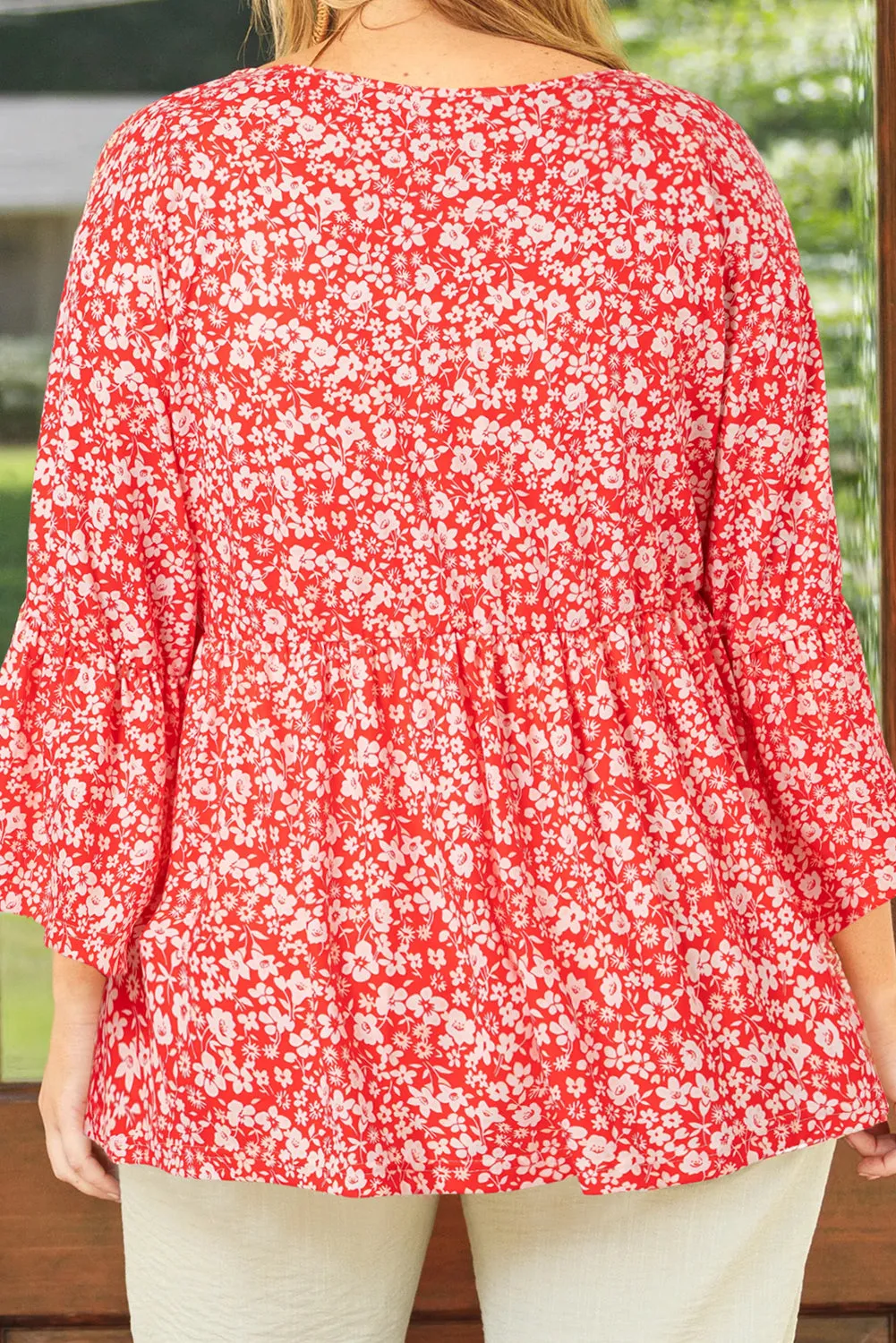 Red Plus Size Floral V Neck Flared Bracelet Sleeve Blouse sold by Beagle Boutique product image thumbnail 2