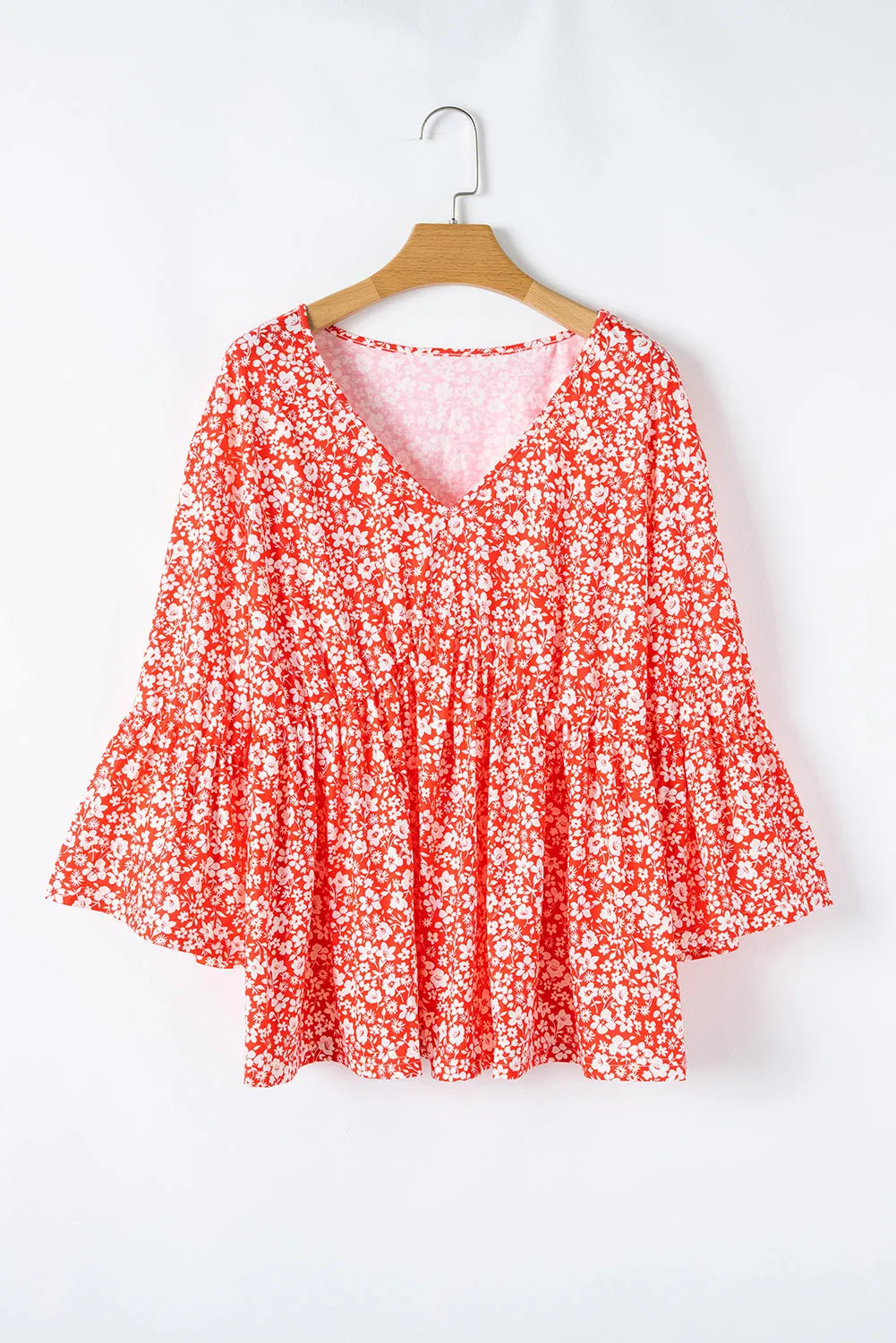 Red Plus Size Floral V Neck Flared Bracelet Sleeve Blouse sold by Beagle Boutique product image thumbnail 4