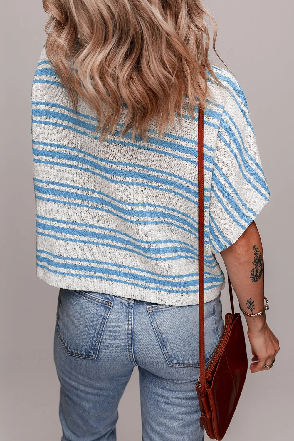 Sky Blue Stripe Boxy Fit Wide Sleeve Sweater T Shirt sold by Beagle Boutique product image thumbnail 2