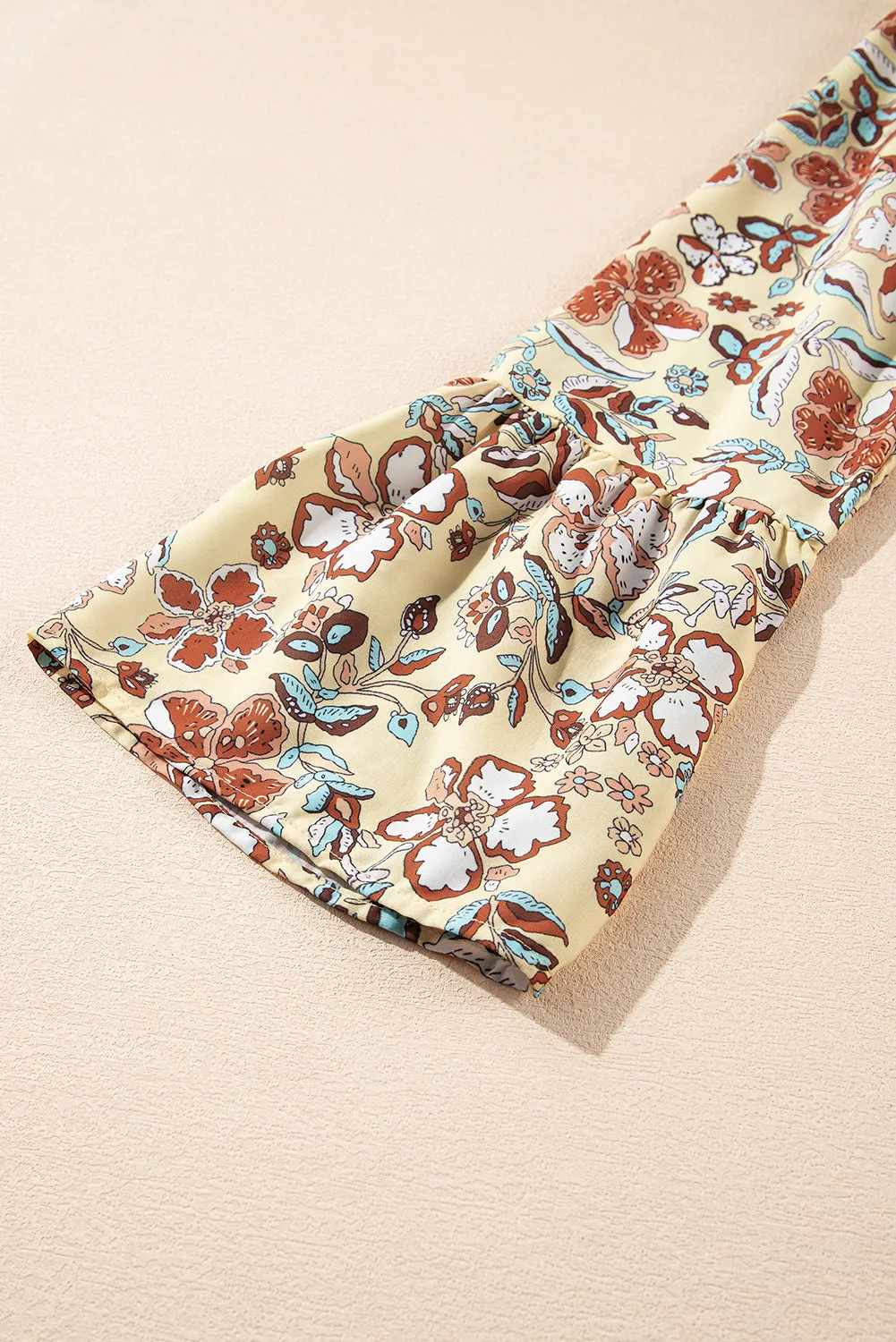 Yellow Printed Floral Bell Sleeve V Neck Wrapped Contrast Peplum Blouse sold by Beagle Boutique product image thumbnail 5