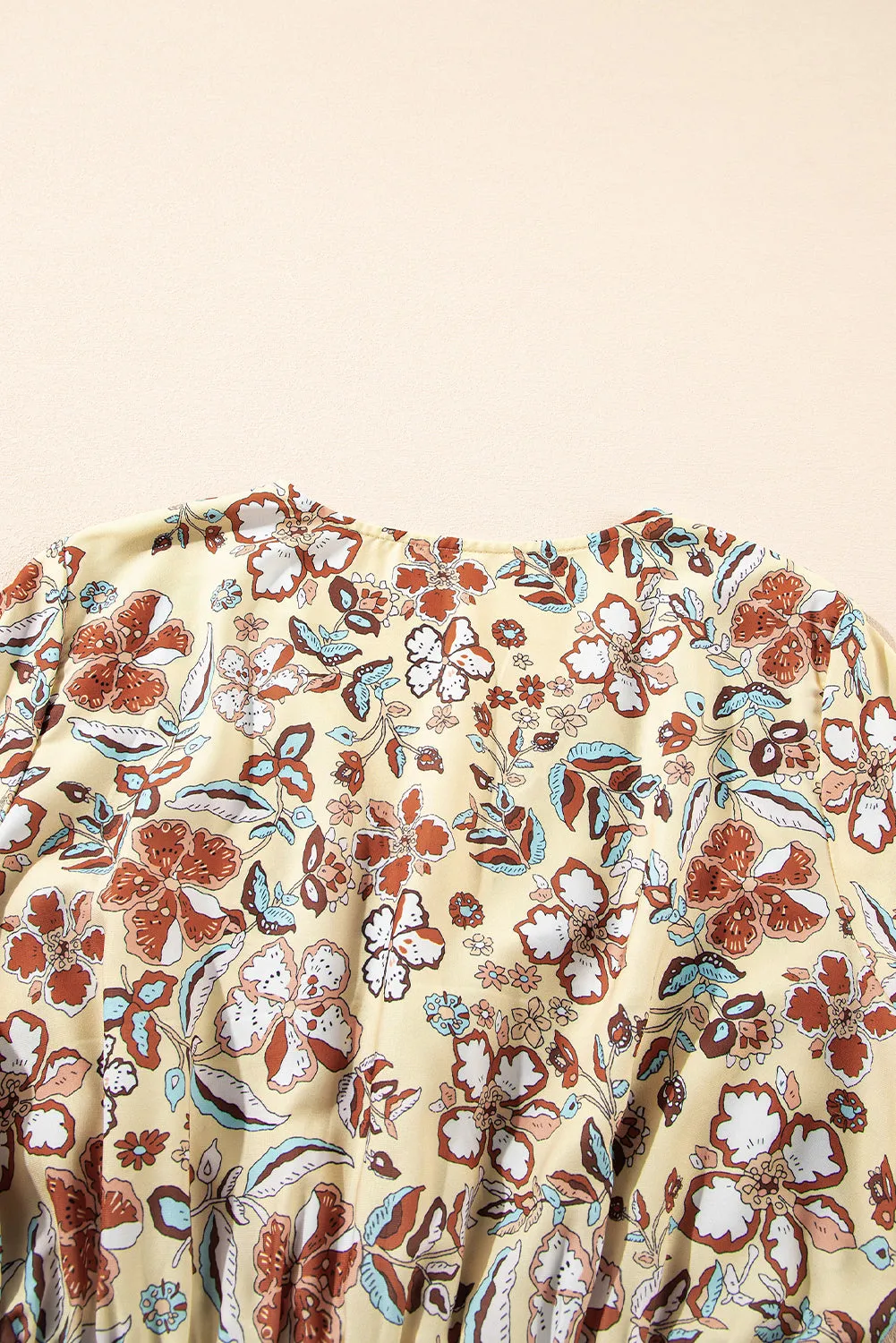 Yellow Printed Floral Bell Sleeve V Neck Wrapped Contrast Peplum Blouse sold by Beagle Boutique product image thumbnail 4
