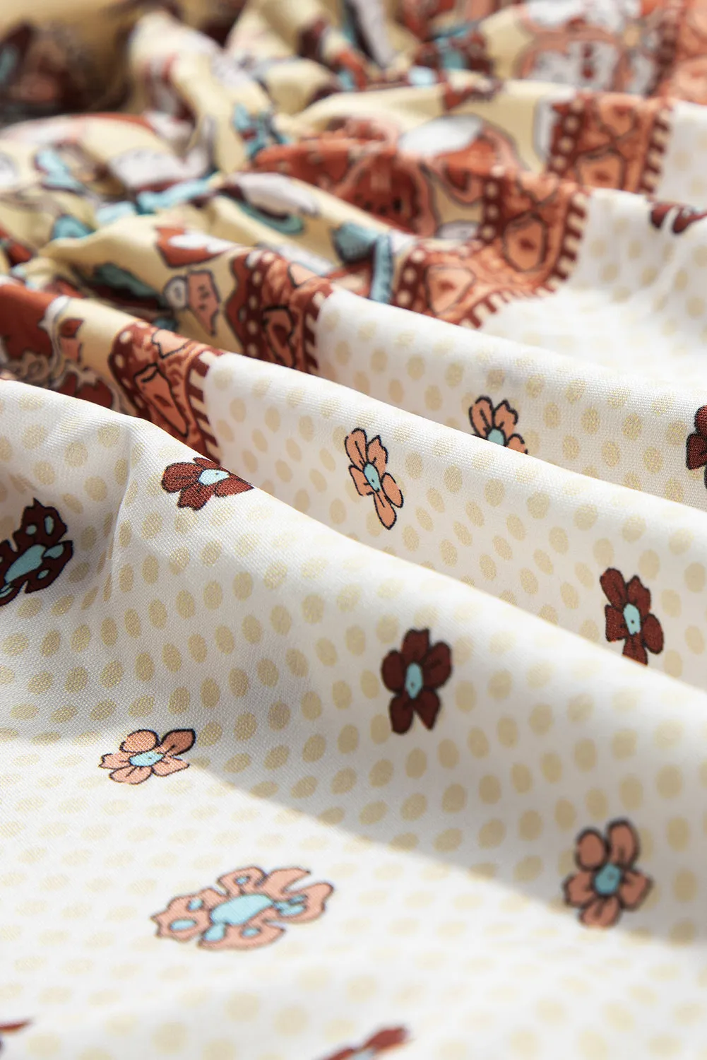 Yellow Printed Floral Bell Sleeve V Neck Wrapped Contrast Peplum Blouse sold by Beagle Boutique product image thumbnail 3