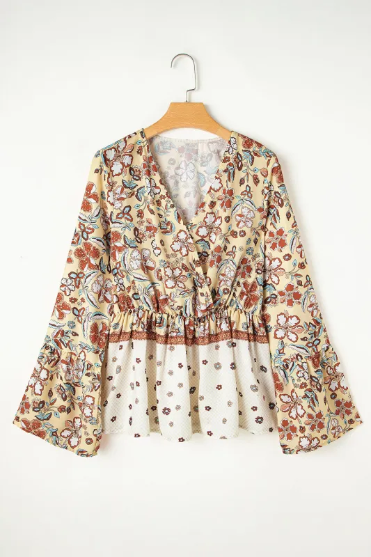 Yellow Printed Floral Bell Sleeve V Neck Wrapped Contrast Peplum Blouse sold by Beagle Boutique