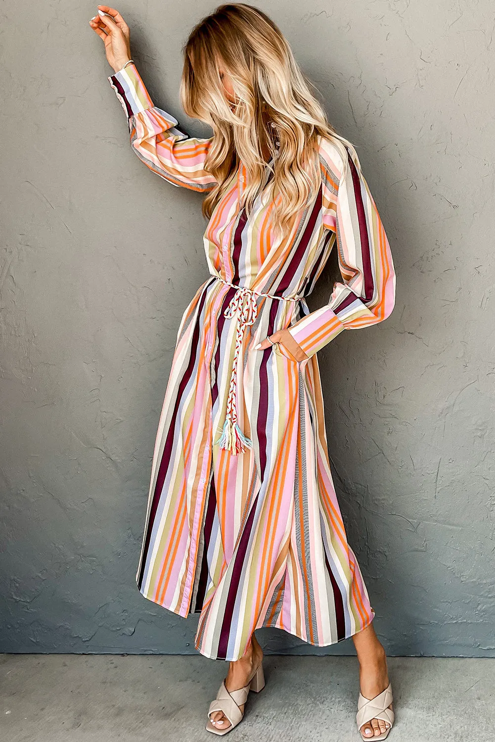 White Multicolor Striped Cuffed Sleeve Tassel Tied Shirt Maxi Dress sold by Beagle Boutique product image thumbnail 3