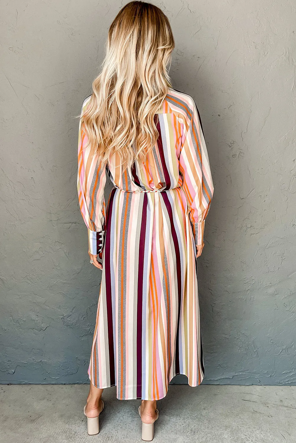 White Multicolor Striped Cuffed Sleeve Tassel Tied Shirt Maxi Dress sold by Beagle Boutique product image thumbnail 2