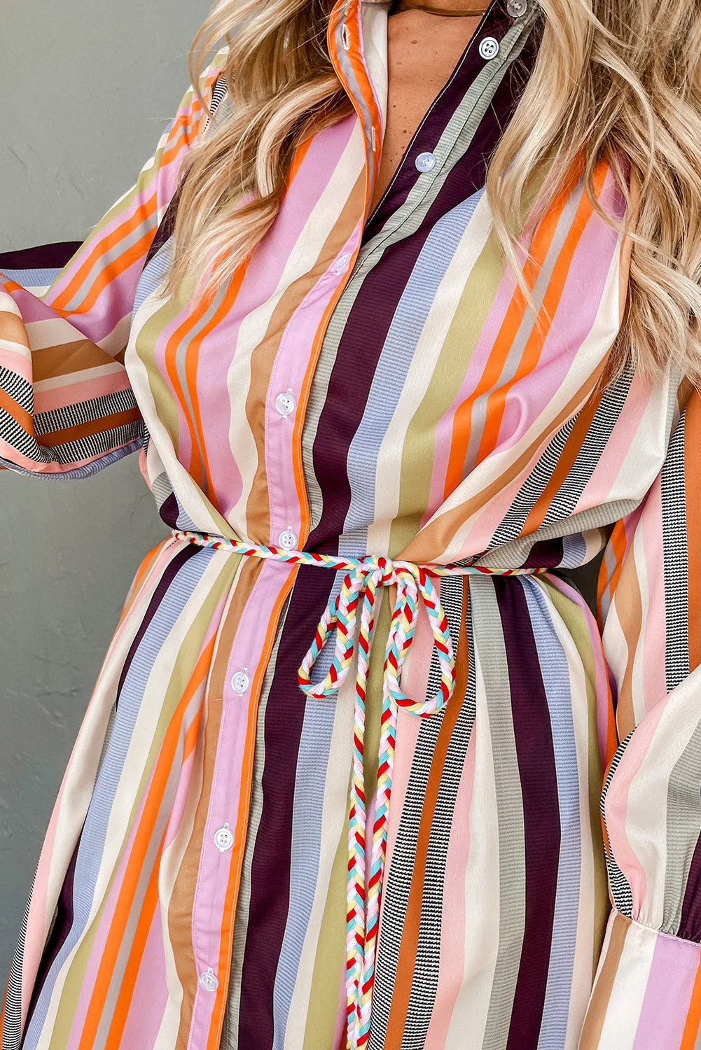 White Multicolor Striped Cuffed Sleeve Tassel Tied Shirt Maxi Dress sold by Beagle Boutique product image thumbnail 5