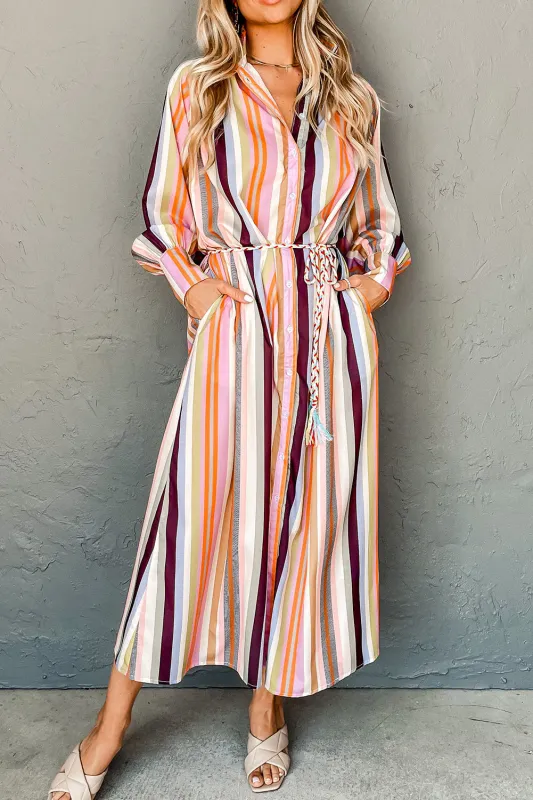 White Multicolor Striped Cuffed Sleeve Tassel Tied Shirt Maxi Dress sold by Beagle Boutique