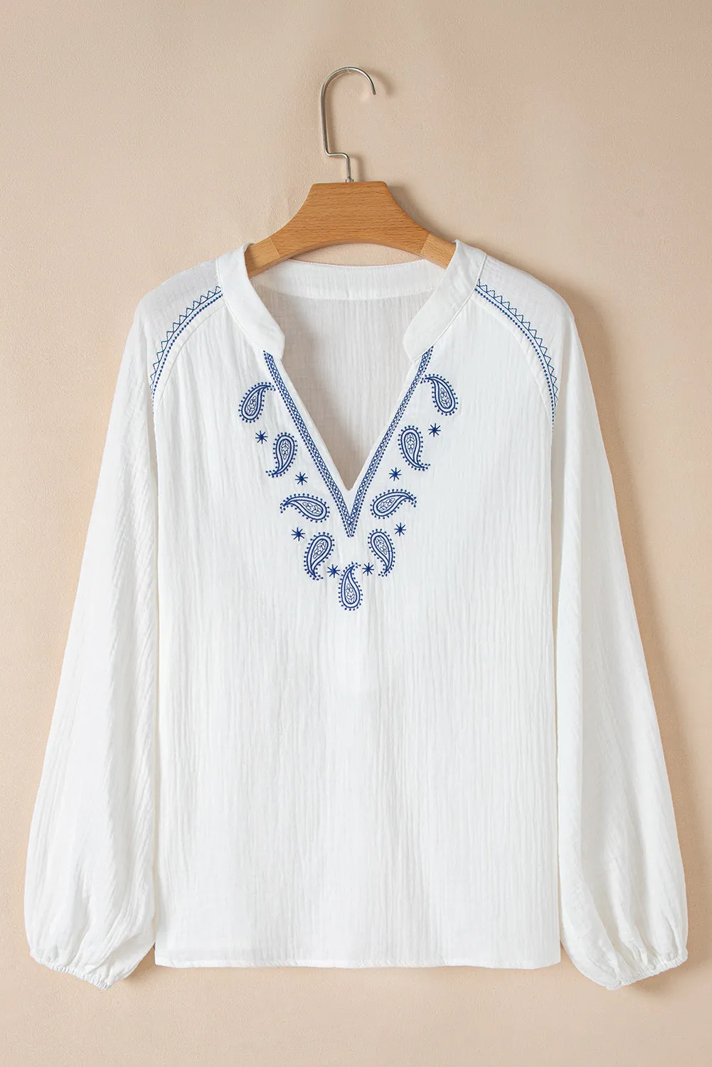 White Paisley Embroidered Textured Split Neck Long Puff Sleeve Blouse sold by Beagle Boutique product image thumbnail 3