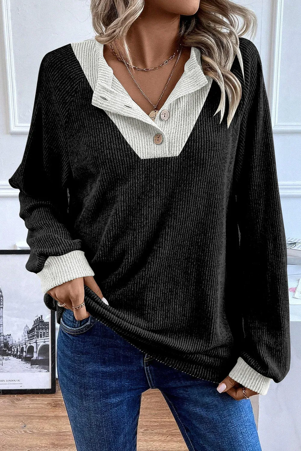 Black Colour Contrast Ribbed Loose Fit Long Sleeve Top sold by Beagle Boutique product image thumbnail 3