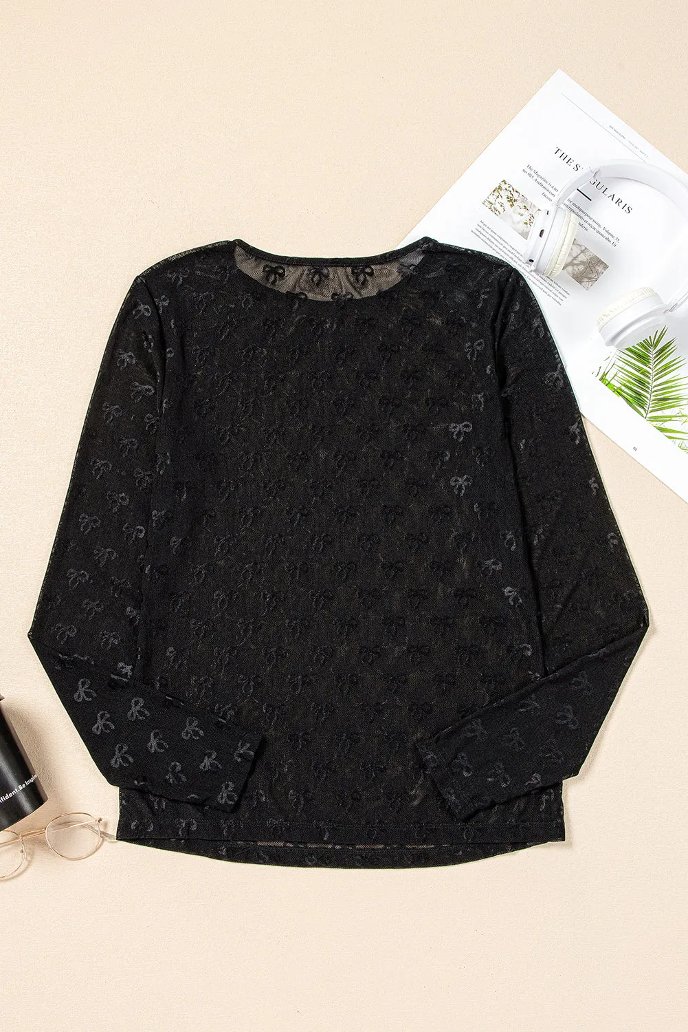 Black Mesh Bow Pattern Long Sleeve Top sold by Beagle Boutique product image thumbnail 2