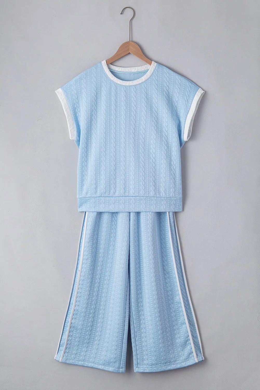 Beau Blue Textured Colourblock Edge Tank Top High Waist Trousers Set sold by Beagle Boutique