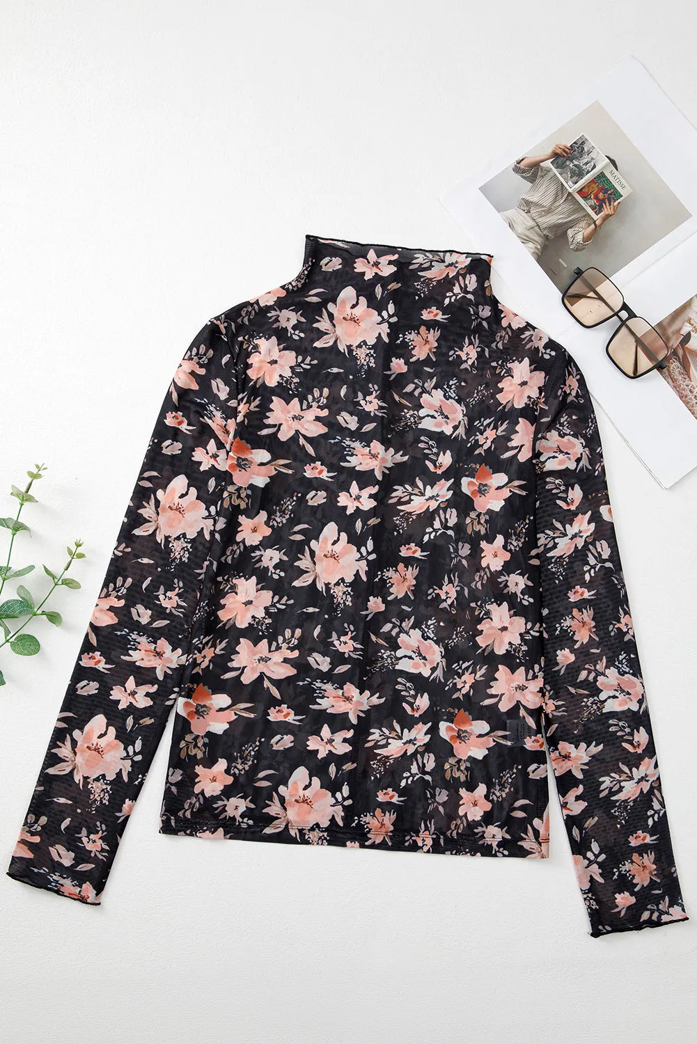 Black Floral Mesh Mock Neck Long Sleeve Slim Fit Top sold by Beagle Boutique product image thumbnail 3