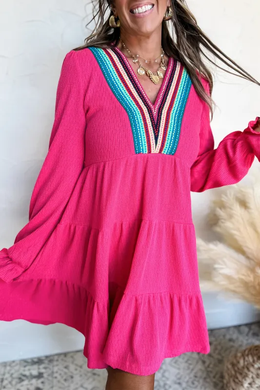 Rose Red Colourful Crochet V Neck Textured Tiered Ruffled Long Sleeve Mini Dress sold by Beagle Boutique