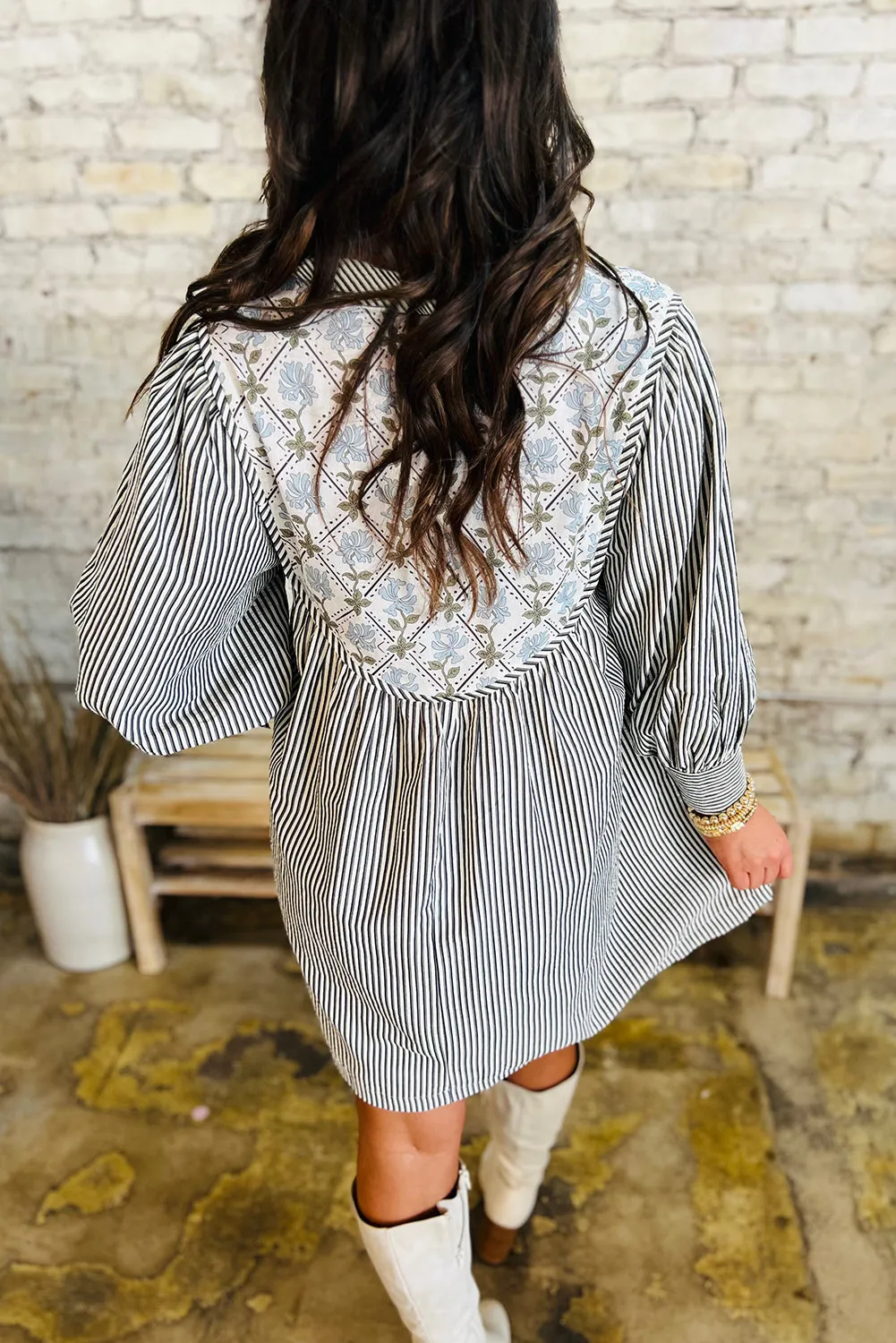 Black Stripe Floral Patchwork Tied V Neck Shift Long Sleeve Mini Dress sold by Beagle Boutique product image thumbnail 2