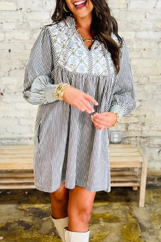 Black Stripe Floral Patchwork Tied V Neck Shift Long Sleeve Mini Dress sold by Beagle Boutique