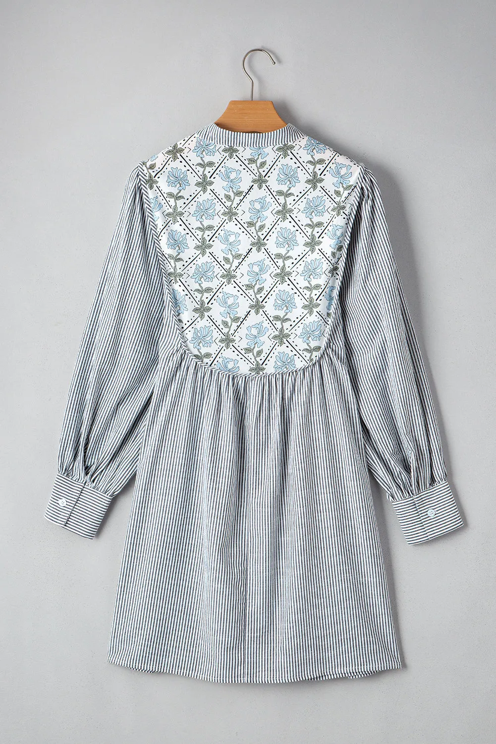 Black Stripe Floral Patchwork Tied V Neck Shift Long Sleeve Mini Dress sold by Beagle Boutique product image thumbnail 5