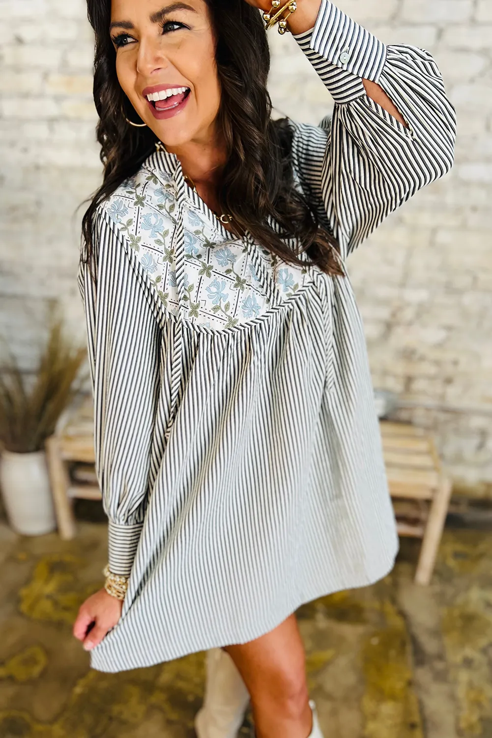 Black Stripe Floral Patchwork Tied V Neck Shift Long Sleeve Mini Dress sold by Beagle Boutique product image thumbnail 3