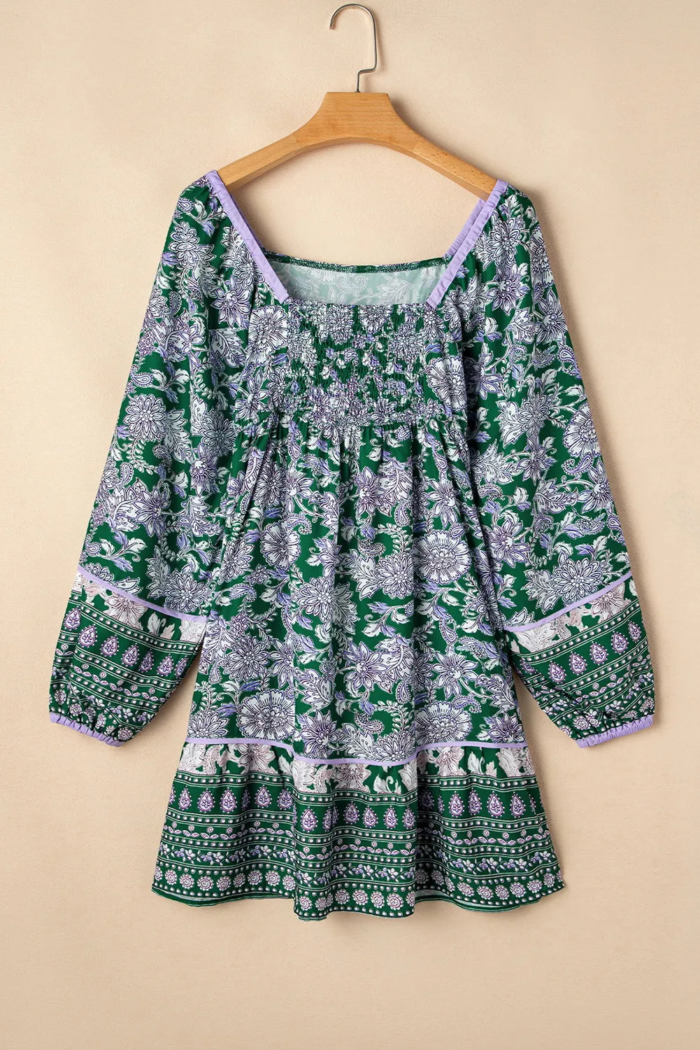 Green Floral Print Piping Trim Bubble Sleeve Square Neck Dress sold by Beagle Boutique product image thumbnail 2