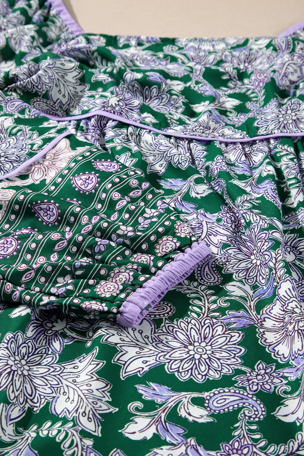 Green Floral Print Piping Trim Bubble Sleeve Square Neck Dress sold by Beagle Boutique product image thumbnail 4