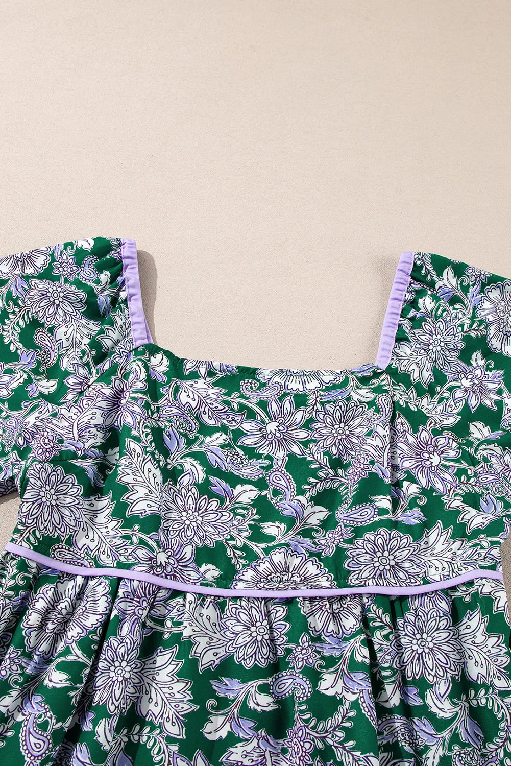 Green Floral Print Piping Trim Bubble Sleeve Square Neck Dress sold by Beagle Boutique product image thumbnail 3