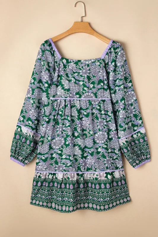 Green Floral Print Piping Trim Bubble Sleeve Square Neck Dress sold by Beagle Boutique