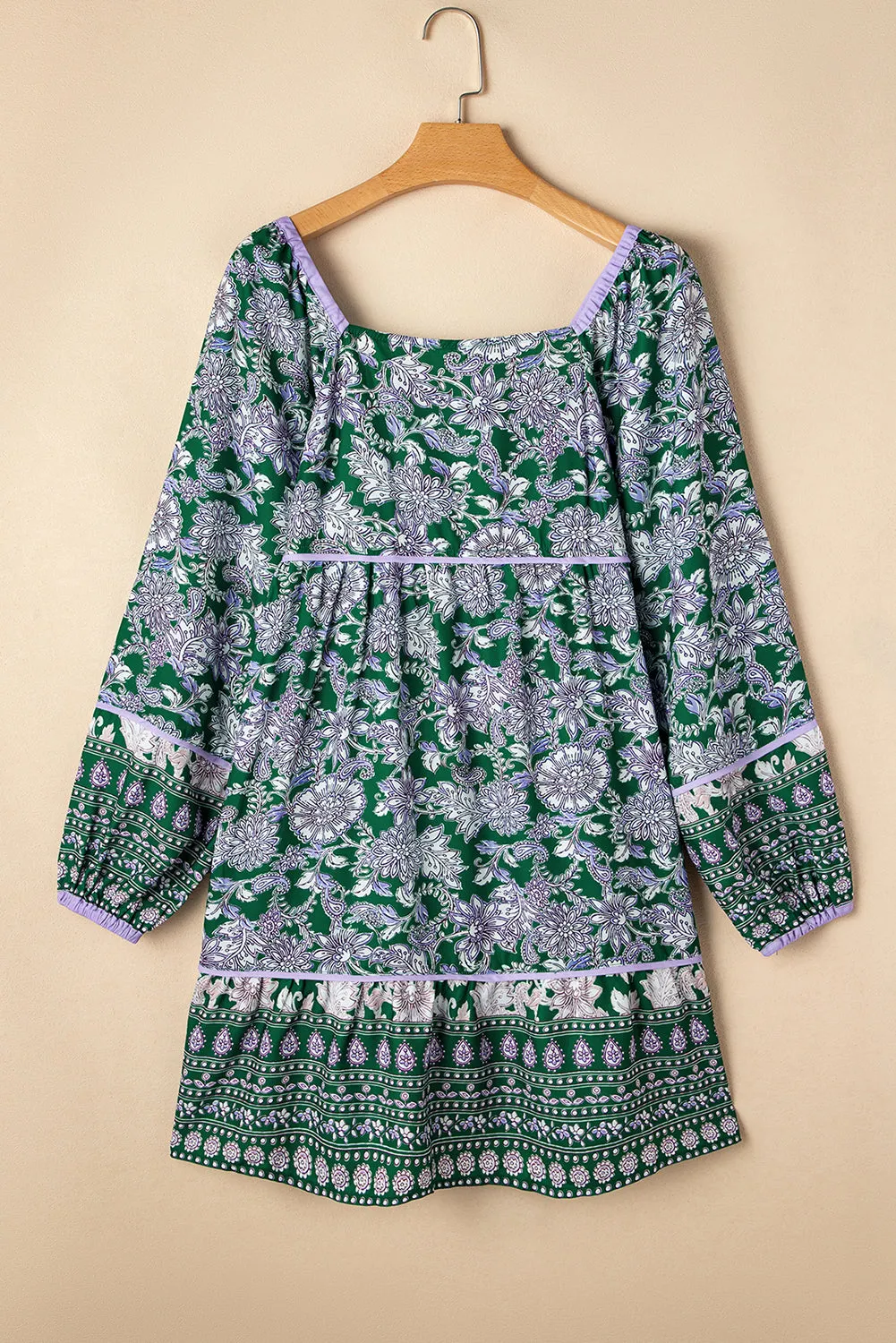 Green Floral Print Piping Trim Bubble Sleeve Square Neck Dress sold by Beagle Boutique