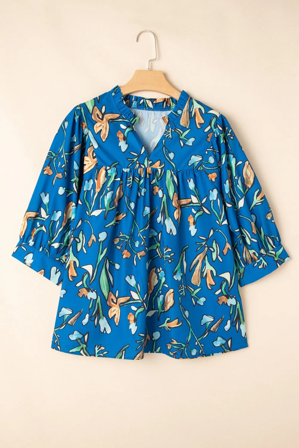 Blue Floral Notched V Neck Half Sleeve Plus Size Blouse sold by Beagle Boutique product image thumbnail 4
