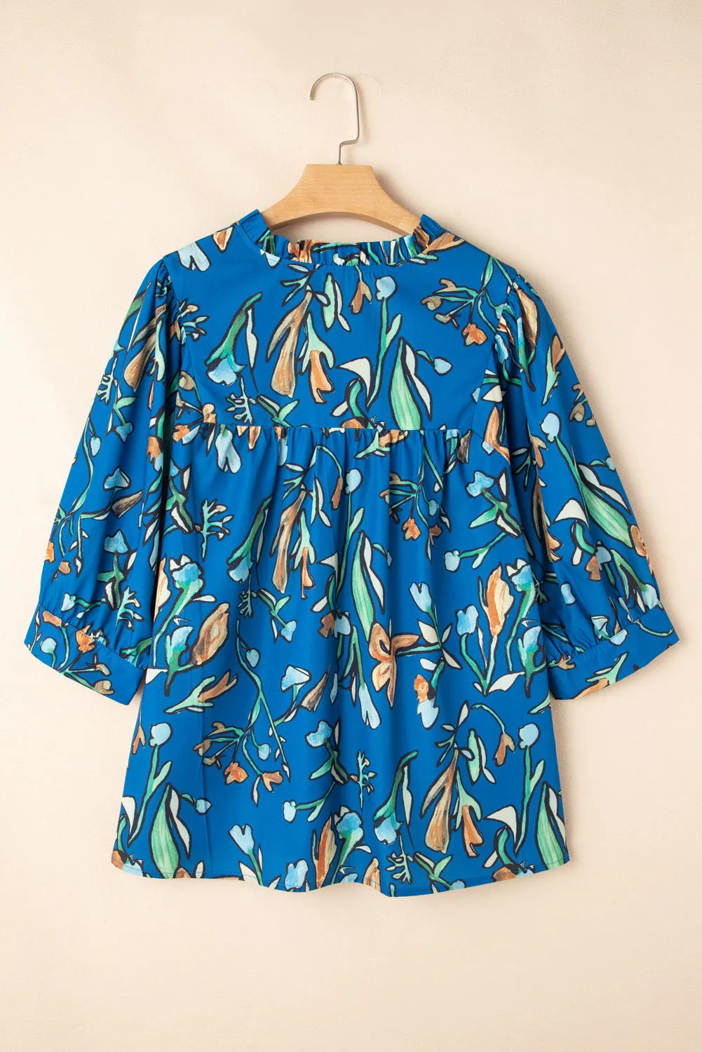 Blue Floral Notched V Neck Half Sleeve Plus Size Blouse sold by Beagle Boutique product image thumbnail 5