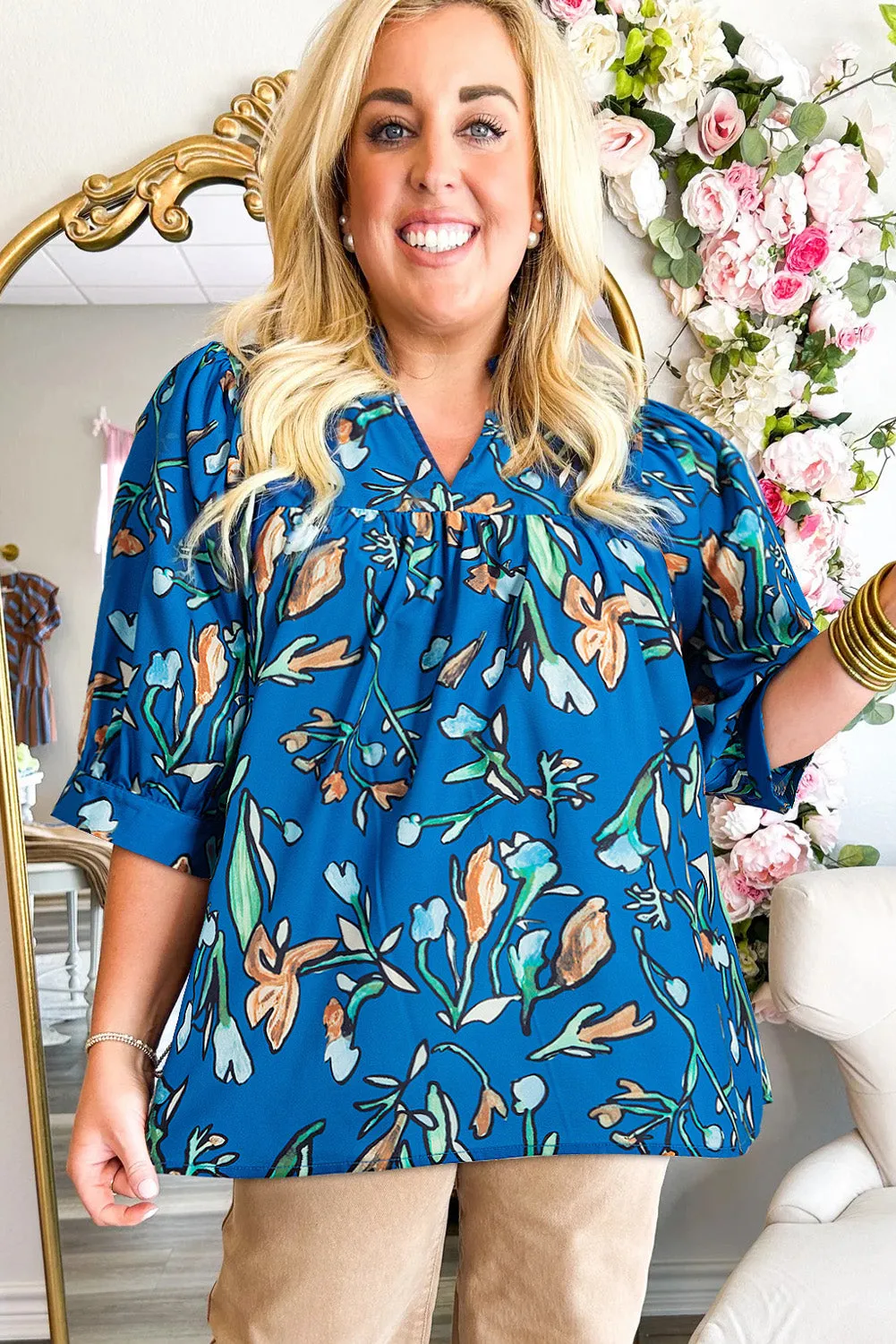 Blue Floral Notched V Neck Half Sleeve Plus Size Blouse sold by Beagle Boutique product image thumbnail 3