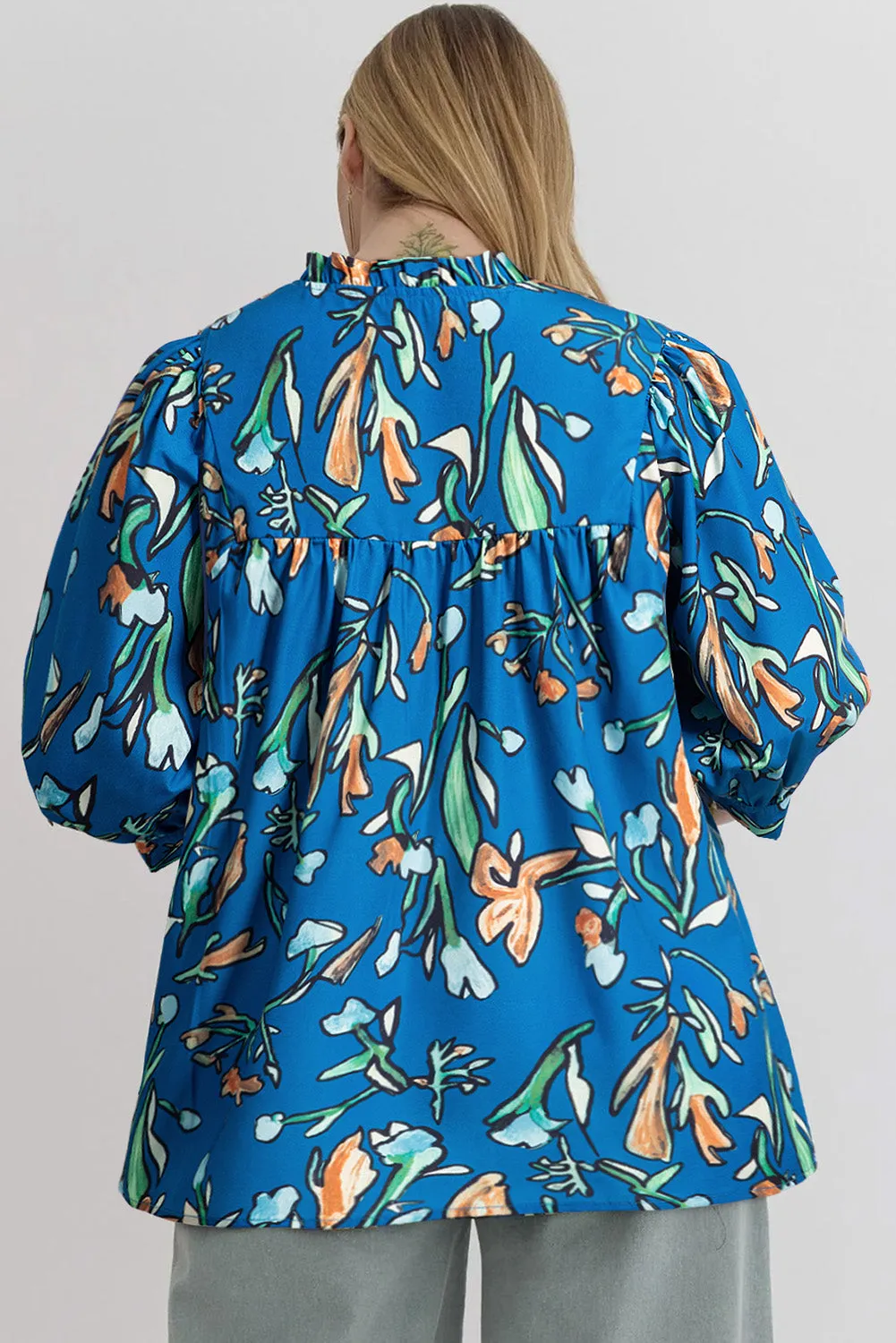 Blue Floral Notched V Neck Half Sleeve Plus Size Blouse sold by Beagle Boutique product image thumbnail 2