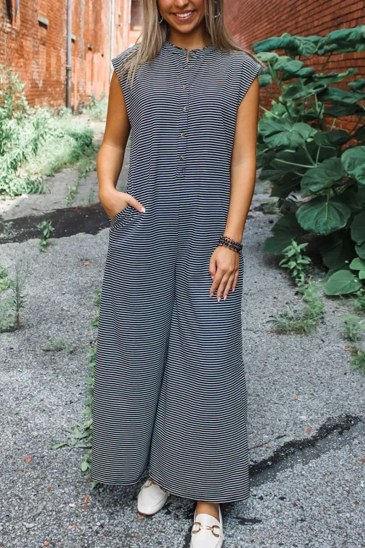 Black white Striped Print Buttoned Wide Leg Sleeveless Jumpsuit sold by Beagle Boutique